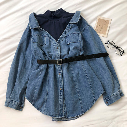 Mittellanges und langes Denim-Hemd mit Stehkragen im Hongkong-Stil, modisch genäht, 6248
