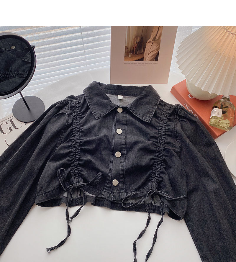 High waist short navel drawcord design long sleeve top  6264