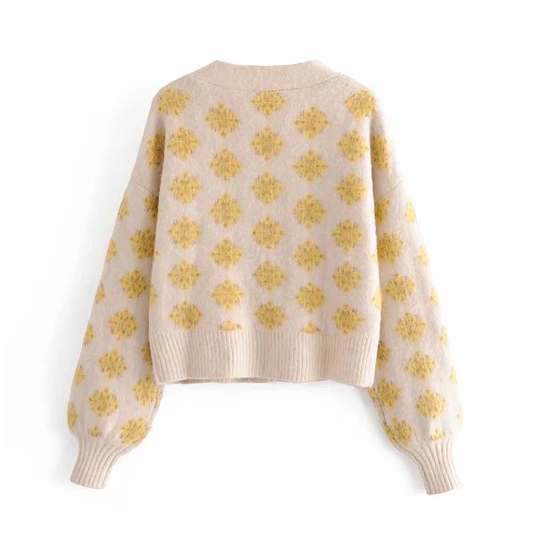 Cardigan tricoté taille haute à manches longues et col en V en jacquard diamant vieilli pour fille 7157