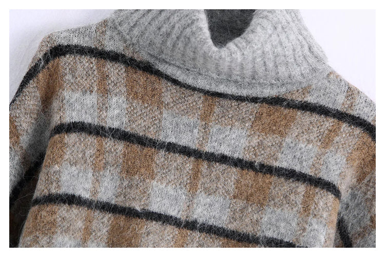 New lazy high neck slim plaid sweater  7503