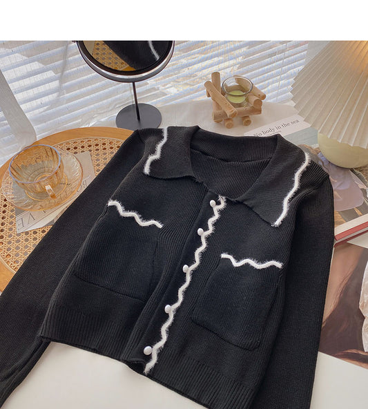 Langärmliges Top mit Revers und Nischendesign im Retro-Farbblockdesign mit Wellenkante 6587