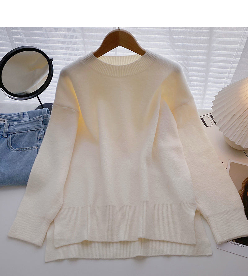 The new Korean style is simple, casual, loose, split long sleeved top  5949