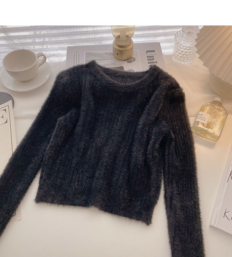 Korean slim fit versatile round neck long sleeve mink coat  5868