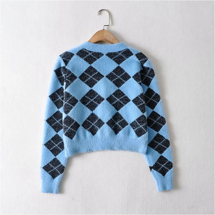 Slim and thickened hippocampal hair V-neck diamond lattice knitted coat  7180