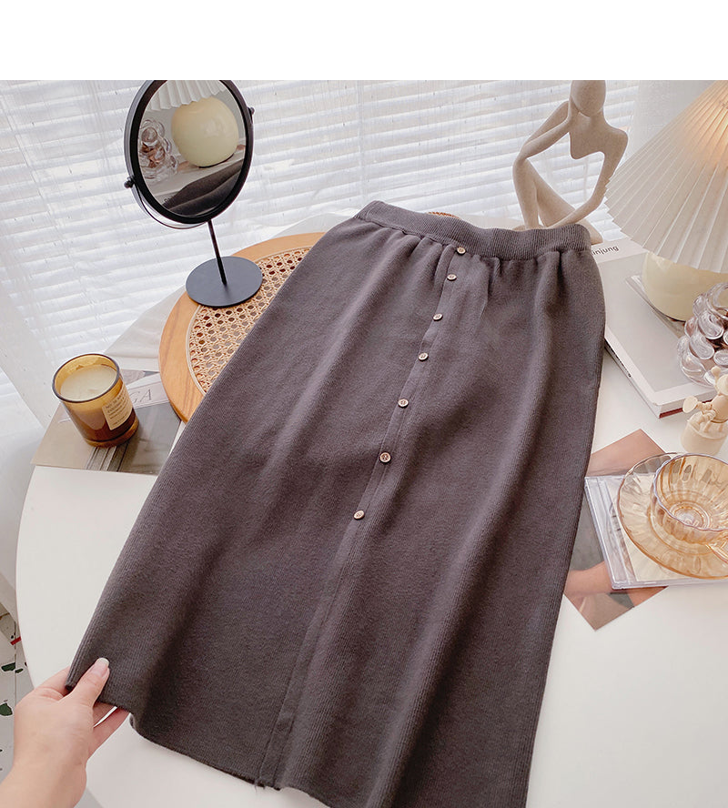 Leisure port style solid high waist button split A-line skirt  5804