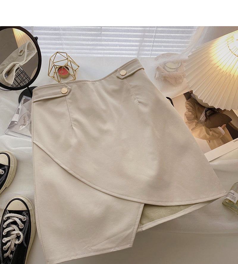 Jupe en cuir taille haute irrégulière enveloppante aux hanches, petite taille, en forme de A, 5541