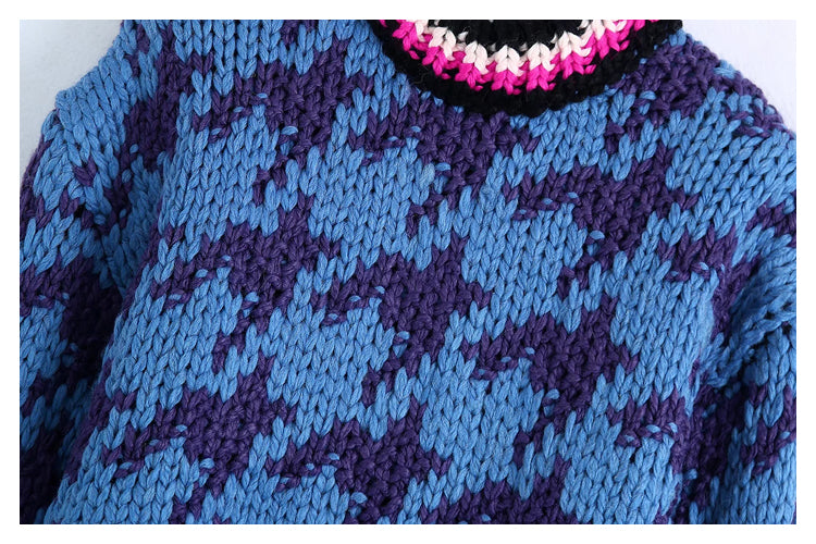 Thousand bird check contrast stripe jacquard sweater  7476