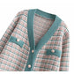 French xiaoxiangfeng knitted cardigan V-neck Plaid loose coat sweater top  7361