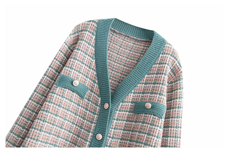 French xiaoxiangfeng knitted cardigan V-neck Plaid loose coat sweater top  7361