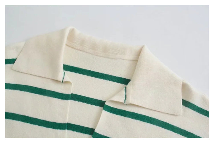 New loose Lapel stripe long sleeve sweater  7437