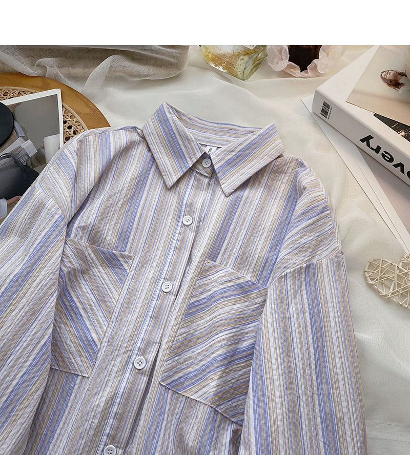 Lazy wind Stripe Shirt loose long sleeve cardigan top  6424