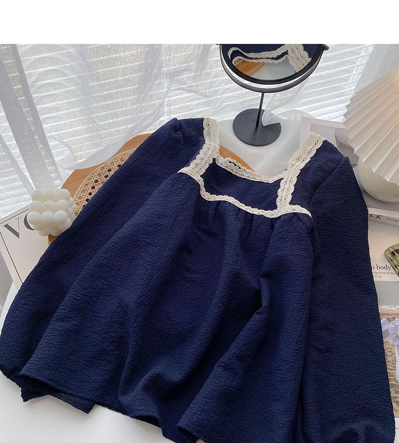Design sense Vintage Lace Edge square neck thin shirt  6274