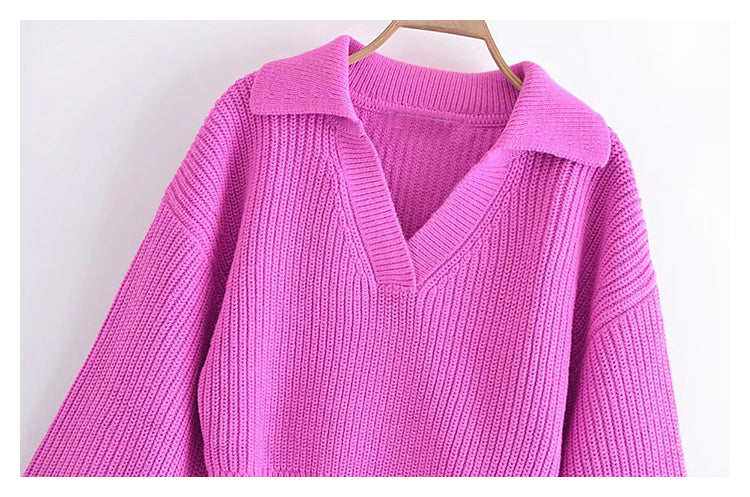 Revers V-Ausschnitt Pullover mit Laternenärmeln Kurzer Vintage-Pullover 7349