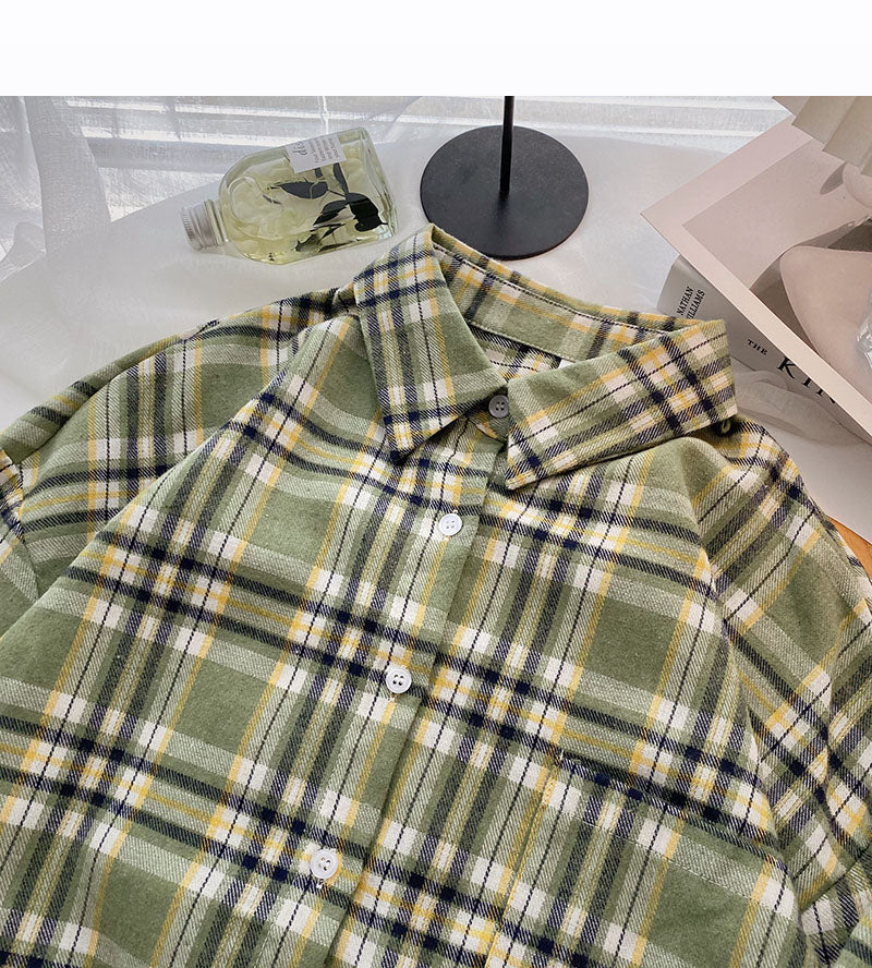 Slouchy Vintage Plaid Shirt Long Sleeve Top  6298