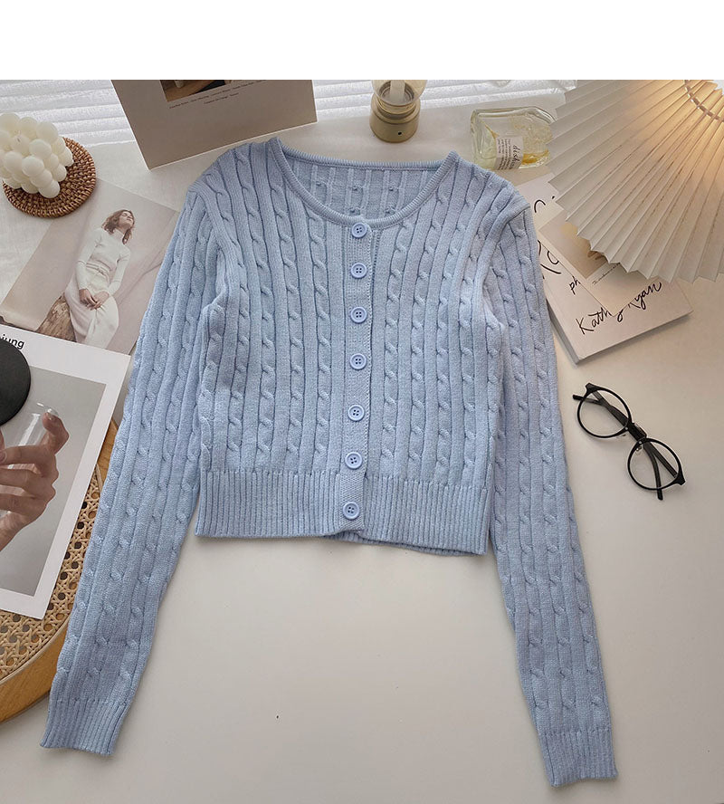 Knitted cardigan coat French retro short twist long sleeve top  6644
