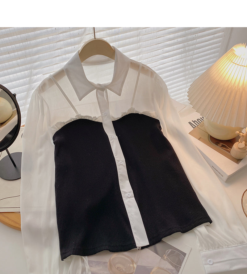 Fungus edge contrast long sleeve splicing shirt  6388