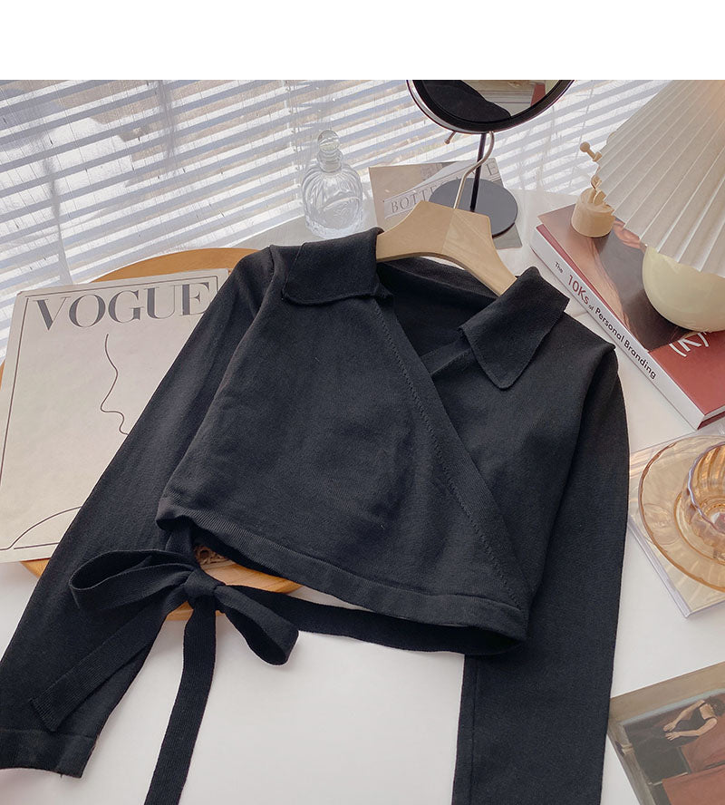Niche design cross Lapel strap short sweater  6478