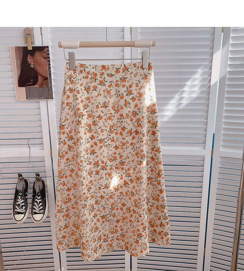 Sweet high waist floral mid length skirt design  5800
