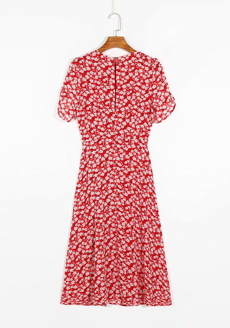 French gentle and elegant retro floral bubble sleeve dress  7065