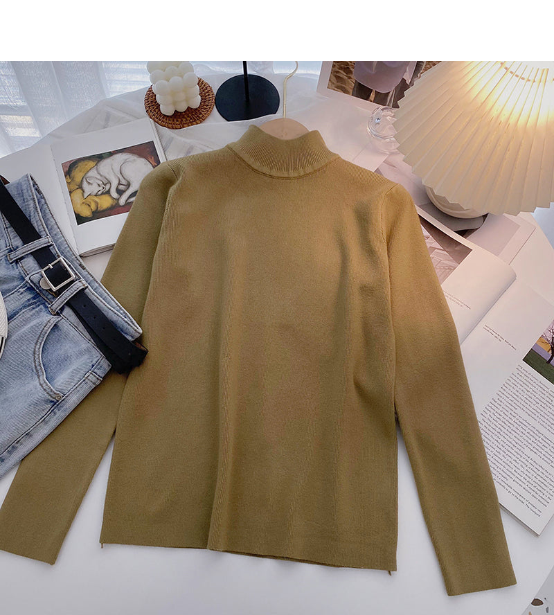 Solid color simple and versatile stand collar Pullover long sleeve Knitted Top  6655