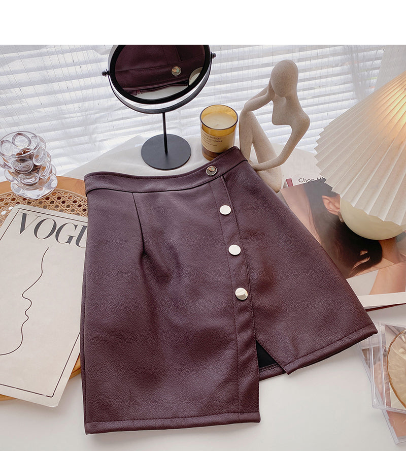 Fashionable temperament irregular single breasted high waist PU leather skirt  5593