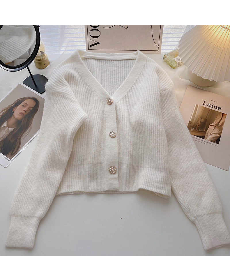 Haut à manches longues à simple boutonnage et perles de style rétro coréen 6023