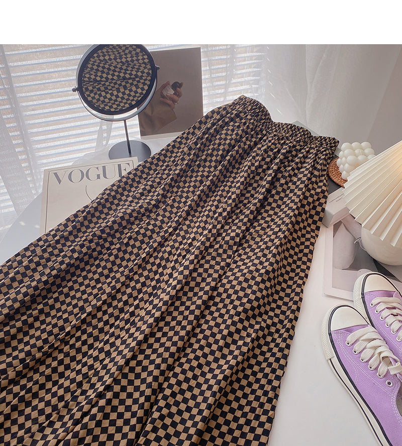 Irregular plaid skirt women's slim high waist elastic A-shaped long skirt  5807