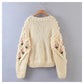 Cardigan à manches lanternes tissé à crochets à fleurs tridimensionnelles, manteau pull 7320