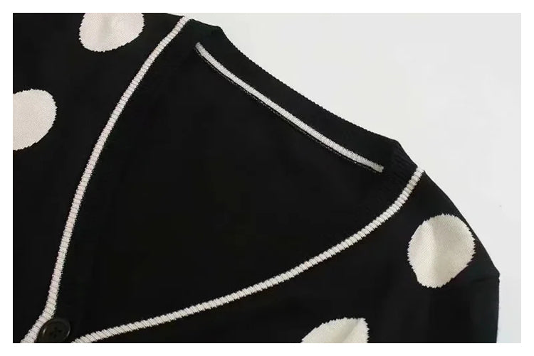 Vintage Dot Schwarz-Weiß-Kontrast V-Neck Sweater Cardigan Jacket 7419