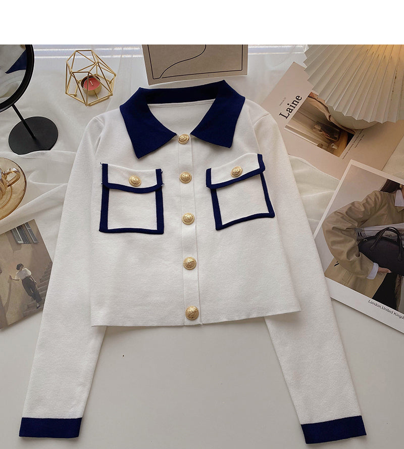 Knit cardigan design contrast color long sleeve top  6584