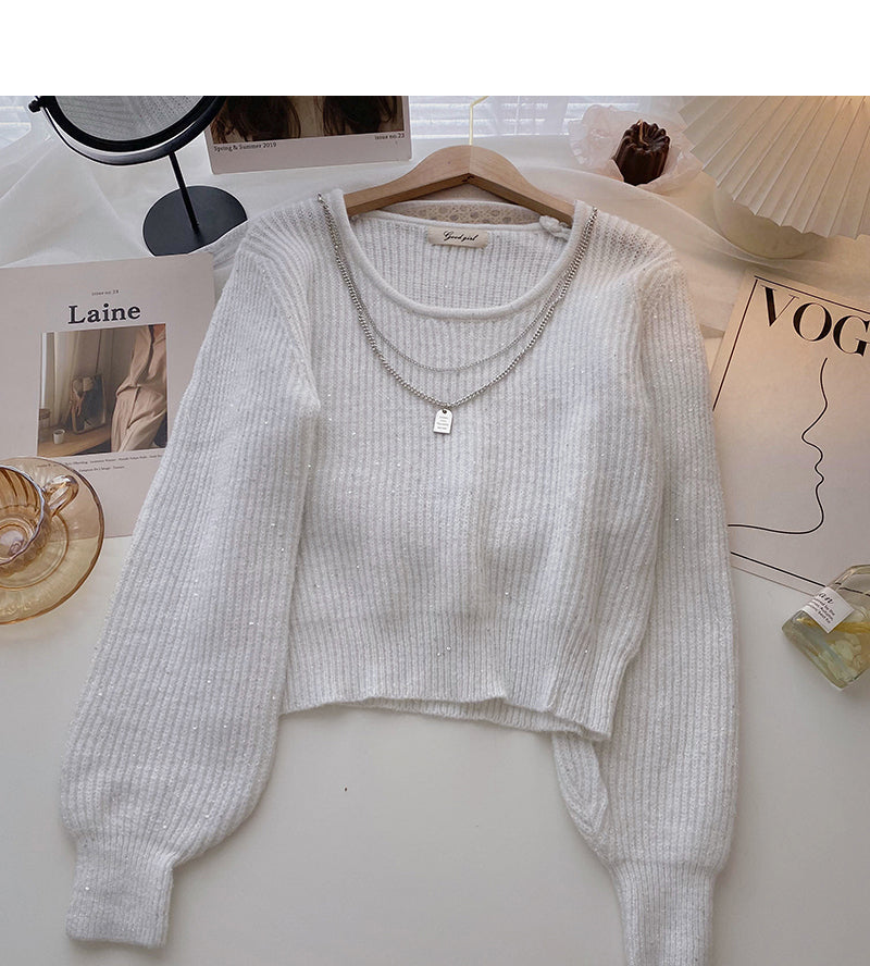 Vintage design chain round neck Pullover long sleeve Sequin Knitted Top  6010