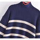 Loose Vintage high neck contrast striped sweater sweater sweater  7347