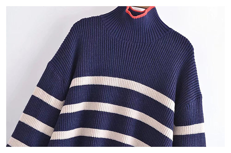 Loose Vintage high neck contrast striped sweater sweater sweater  7347