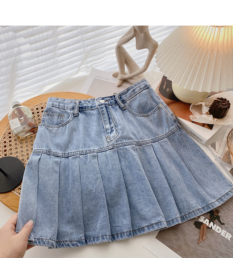 Jupe plissée taille haute en denim coupe A avec jupe fine 5623