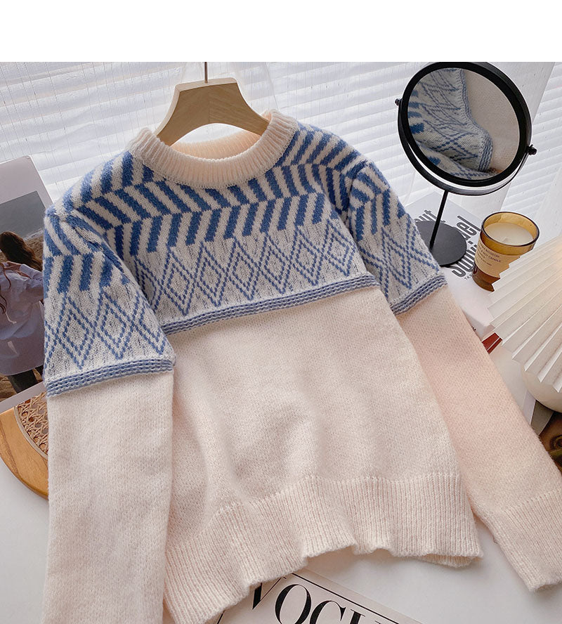 Pullover mit Rundhalsausschnitt in Kontrastfarbe, lockeres Langarm-Top 6097