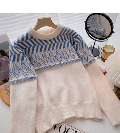Pullover mit Rundhalsausschnitt in Kontrastfarbe, lockeres Langarm-Top 6097
