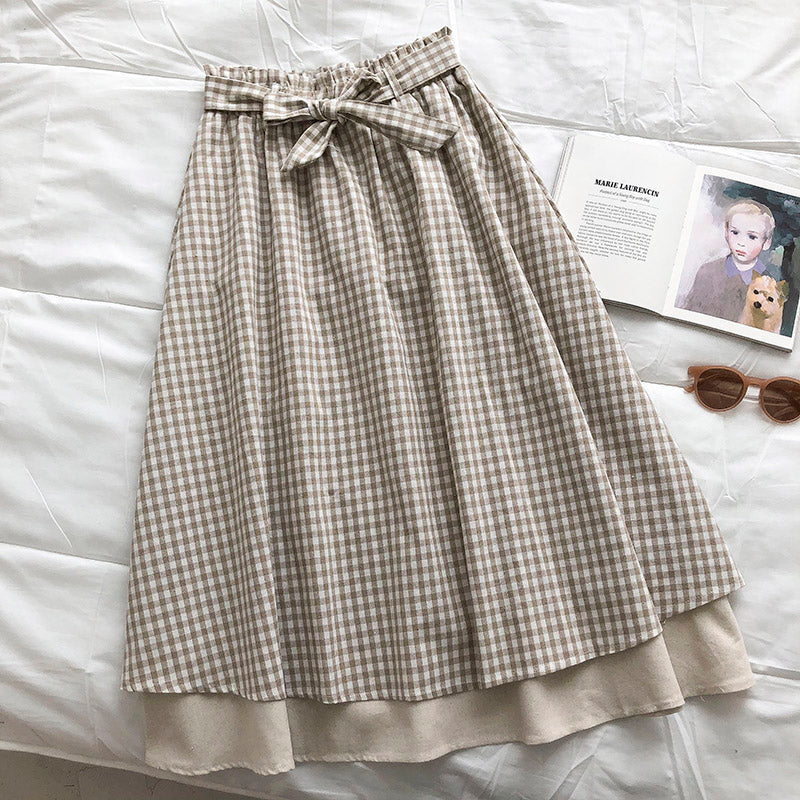 Retro literary small Plaid stitching design bow high waist skirt  5676