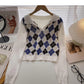 Plaid long sleeve sweater small short Pullover Top  6573