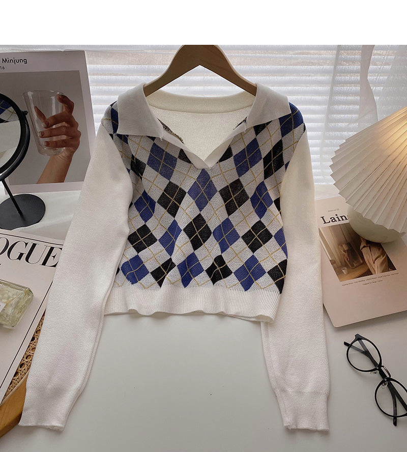 Plaid long sleeve sweater small short Pullover Top  6573