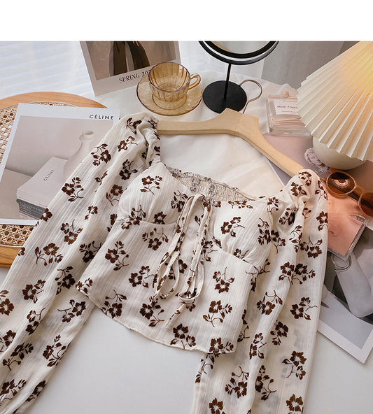 Chemise fleurie Design Sense, col carré, lacets, manches longues, haut 6436