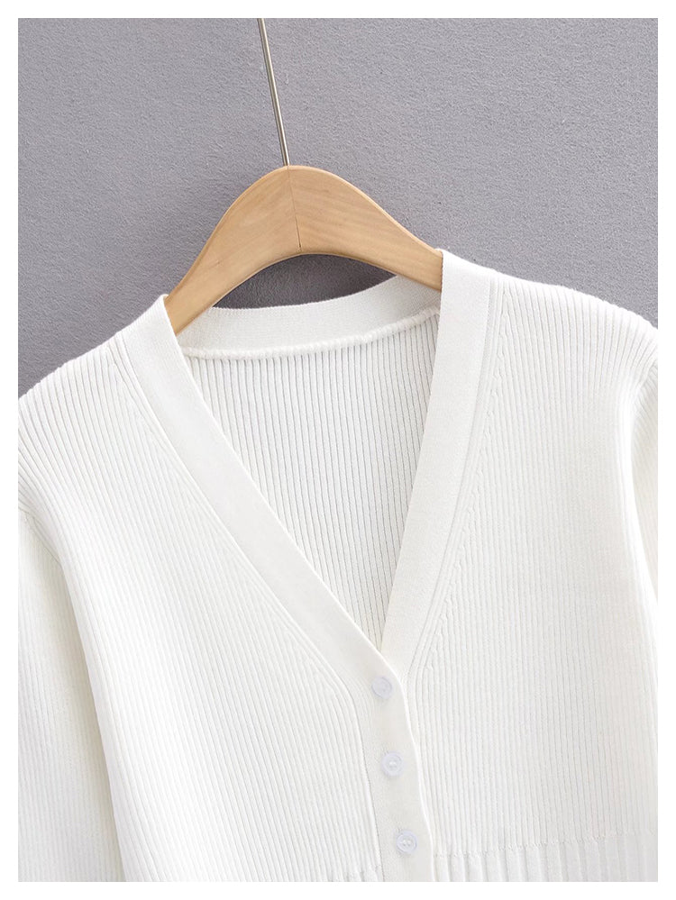 V-neck knitted cardigan slim single breasted short sweater coat  7451