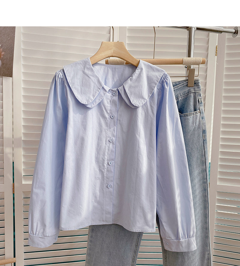 Baby collar solid color long sleeve shirt looks thin and versatile top  6372