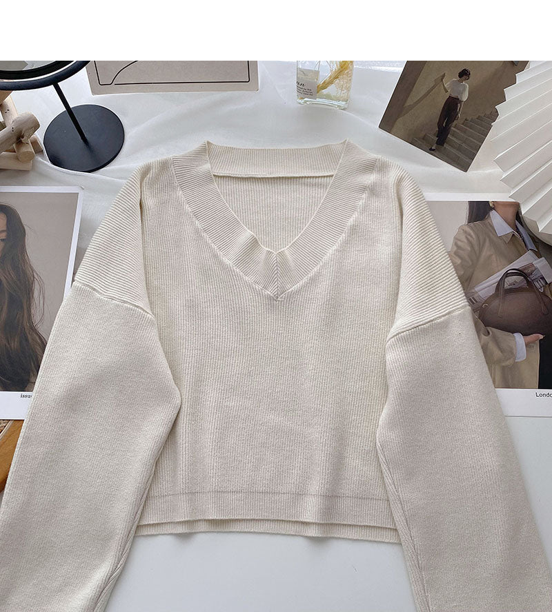 Fauler Strickpullover einfarbig V-Ausschnitt Pullover Top 6677