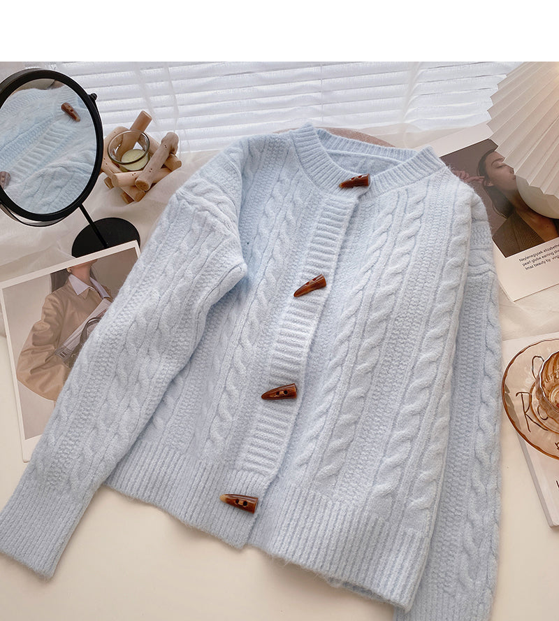 Ox horn button round neck twist sweater  6169