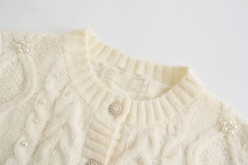 New French style pearl trim slim knit cardigan  7513