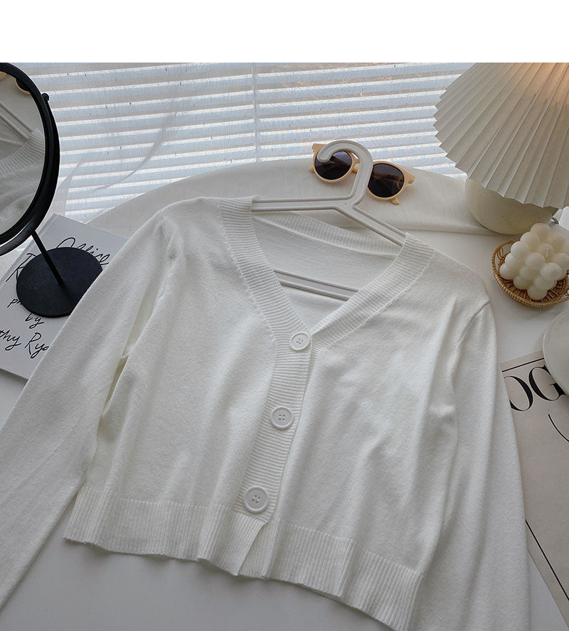 Long sleeve V-neck short T-shirt solid small coat  6442