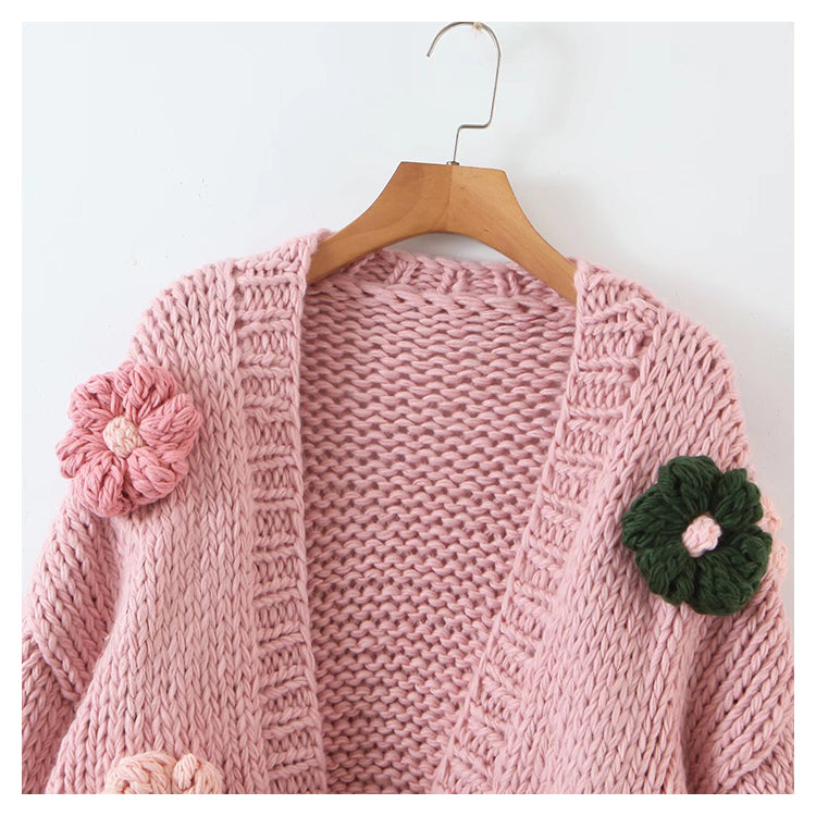 Three dimensional flower thick stick needle knitted cardigan  7374