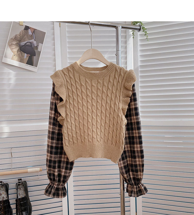 Vintage Linen knitted Plaid long sleeve sweater  6141