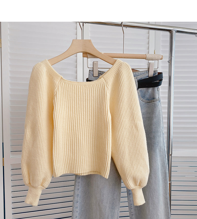 Vintage Lantern Sleeve square neck sweater looks thin and fashionable  6162