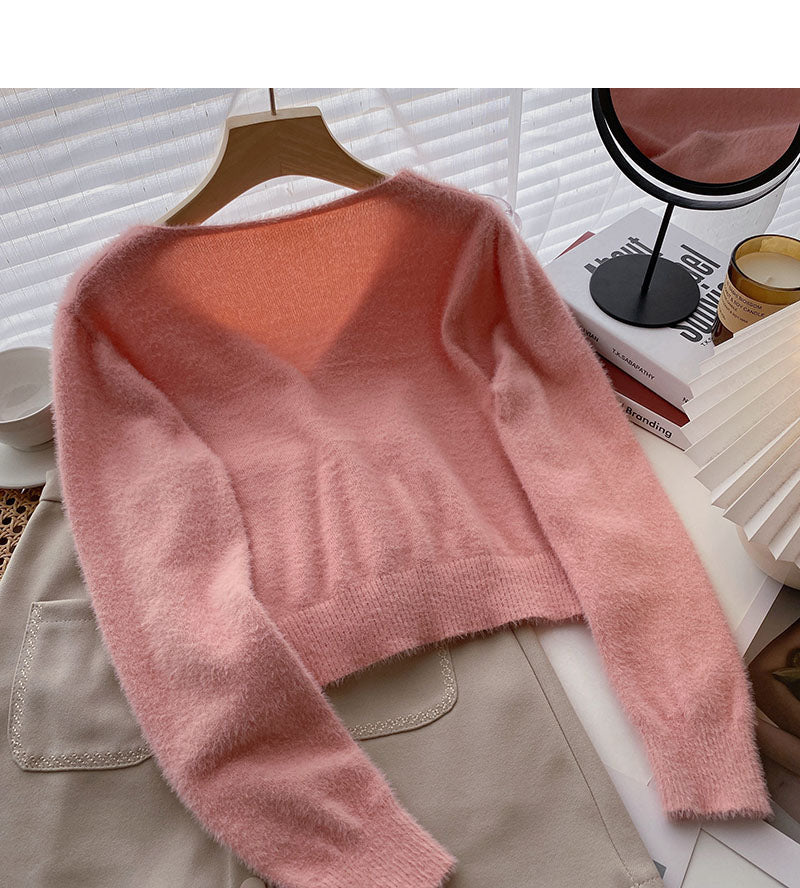 Korean version sweet foreign style V-neck short long sleeve top  5997